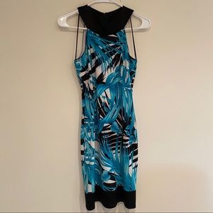 Cache Tropical Palm Blue Cocktail Dress